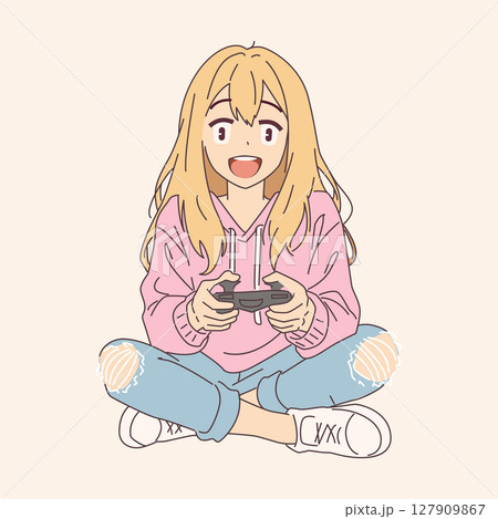 Happy Anime Girl Playing Video Games 127909867