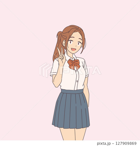 Cheerful Anime Girl in School Uniform 127909869