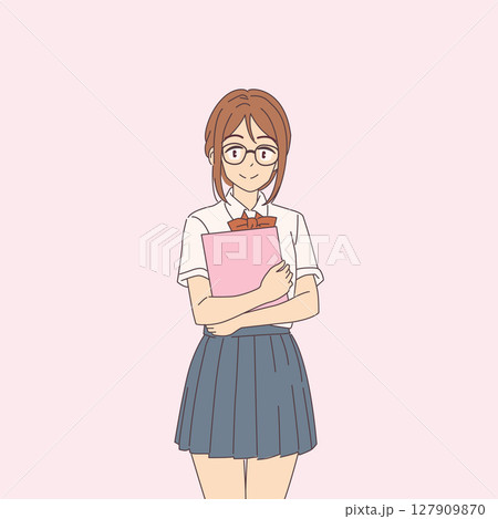 Smiling Anime Girl Holding Books in School Uniform 127909870