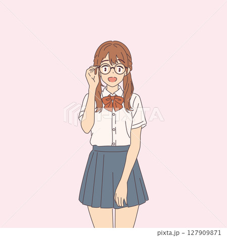 Smiling Schoolgirl in Uniform with Glasses 127909871