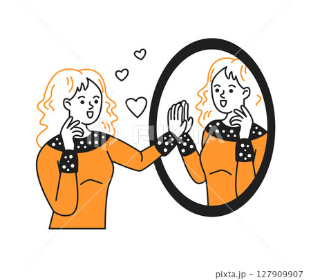 Illustration of happy woman admiring herself in mirror 127909907