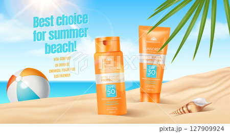 Sunscreen Products on Sandy Beach Background Sunscreen Products on Sandy Beach Background 127909924