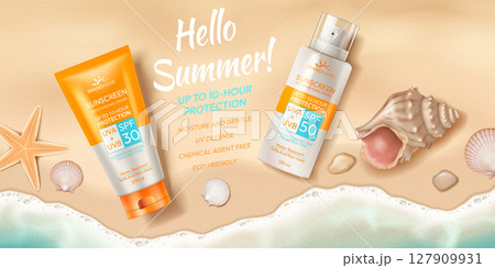 Sunscreen Products on Beach Sand Background Sunscreen Products on Beach Sand Background 127909931