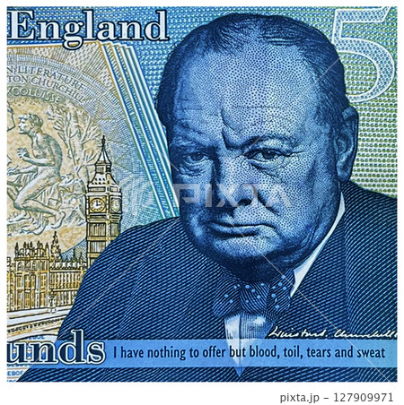 Winston Churchill portrait 5 pounds sterling Bank of England. Winston Churchill portrait 5 pounds sterling Bank of England. 127909971