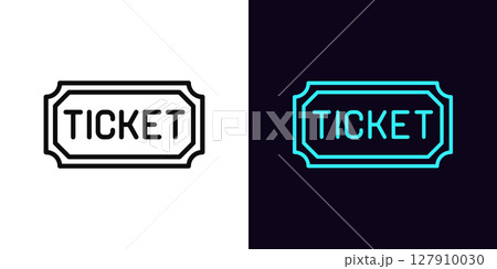 Outline ticket icon, with editable stroke. Cinema ticket with text, digital pass icon. Entrance ticket to sport event or music performance, party admission, early game pass, gift coupon. Vector icon 127910030