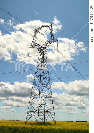 power line tower against blue sky power line tower against blue sky 127910126
