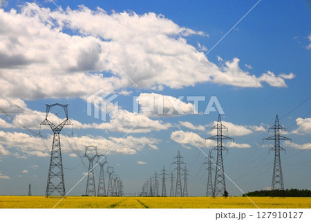 power line tower against blue sky power line tower against blue sky 127910127