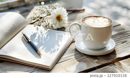 mockup product branding clean realistic top view scene with a coffee mug. notebook, and pen on a wooden table. Perfect for branding, presentation, and product display mockups. 127910138