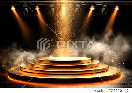 Gold stage with bright lights and mist. Ideal for victory events or showcase designs, this stunning setup glows. 127910147