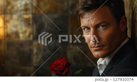 charismatic man stands single spotlight, holding deep red rose His brooding expression evokes intensity of dramatic moment, enhancing intimate atmosphere charismatic man stands single spotlight, holding deep red rose His brooding expression evokes intensity of dramatic moment, enhancing intimate atmosphere 127910374