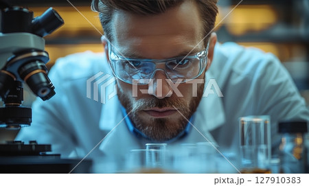 scientist in sterile laboratory analyzes high yield wheat seeds magnification, showcasing advanced research techniques for agricultural development and innovation 127910383