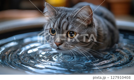 bengal cat is gracefully drinking from transparent glass water fountain, showcasing its sleek fur and attentive gaze while enjoying fresh, clean water 127910408