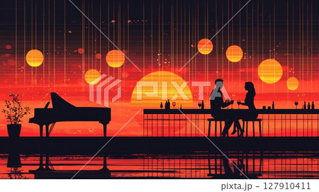 In cozy jazz lounge, well dressed couple savors handcrafted cocktails amidst warm golden lighting, vintage piano softly illuminated in background 127910411