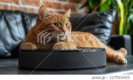 self refilling water fountain reacts cat's presence, providing fresh water as curious feline investigates in stylish, modern living space 127910420