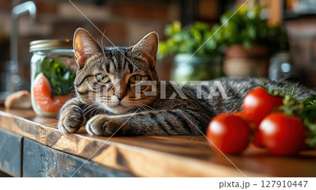 stylish cat relaxes on wooden surface while enjoying raw protein rich pet food Fresh ingredients like fish and greens in jars highlight natural nutrition for pets 127910447