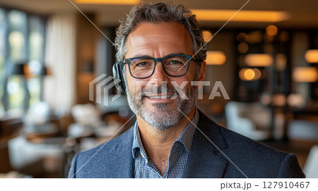 Professional educator conducts online class in bright home office Headset and technology enhance learning experience for students participating remotely 127910467