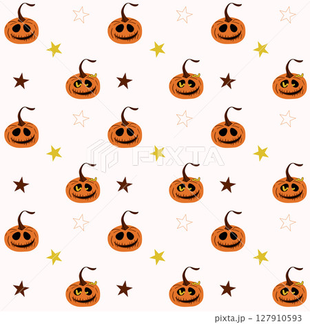 Seamless halloween pumpkin ghost cartoon illustration with scary face 127910593