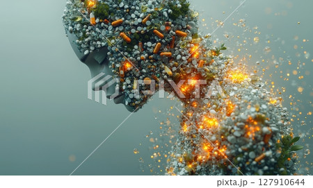 human figure crafted from vitamins and supplements showcases glowing areas, symbolizing optimal health and vitality composition emphasizes harmony between wellness and nature 127910644