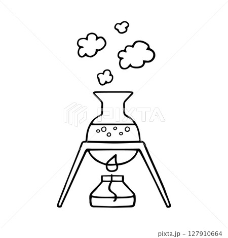 Scientific Laboratory Chemical Experiment doodle sketch style. School experiences. Combustion and evaporation process. Laboratory test tube heating over the burner vector illustration 127910664