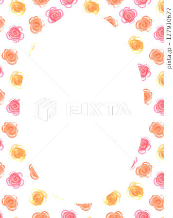 Watercolor oval delicate frame of orange, yellow and pink roses Watercolor oval delicate frame of orange, yellow and pink roses 127910677
