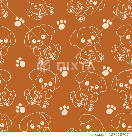 Kawaii Dog seamless pattern with paw brown outline illustration 127910707