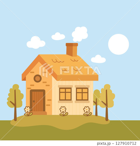 Cottage House with Flowers and Grass Illustration Cottage House with Flowers and Grass Illustration 127910712