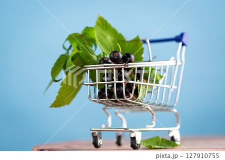 Ripe blackcurrants in a basket on a blue background 127910755