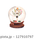 Watercolor hand painted snow globe with nutcracker. Christmas composition 127910797