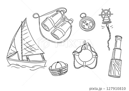 Hand drawn set of sailing elements including boat, binoculars, compass, and lifebuoy for nautical adventure. 127910810