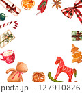 Watercolor hand painted frame of Christmas decorations. Christmas composition 127910826