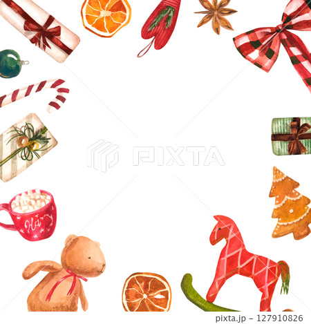 Watercolor hand painted frame of Christmas decorations. Christmas composition 127910826