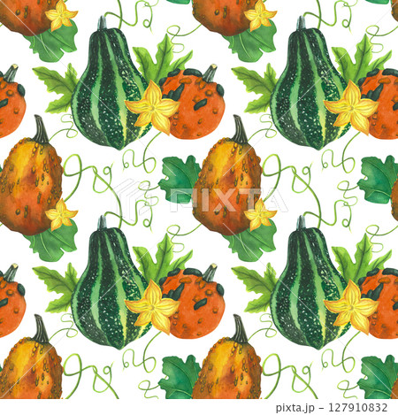 Pumpkins - seamless pattern of pumpkin leaves, flower and mustache. Watercolor illustration hand drawn. For design postcard or card, banner. Pumpkins - seamless pattern of pumpkin leaves, flower and mustache. Watercolor illustration hand drawn. For design postcard or card, banner. 127910832