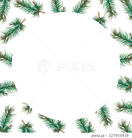 Watercolor hand painted frame of fir branches. Christmas composition 127910916