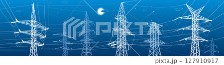 High voltage transmission systems. Electric pole. Power lines. Energy pylons. White outlines image on blue background. A network of interconnected electrical. Vector design illustration 127910917