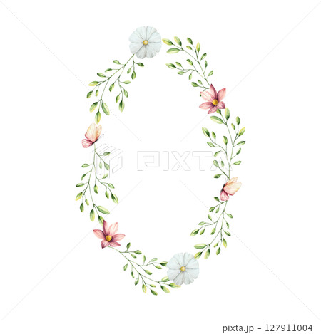 Spring flowers and branches with leaves, butterfly wreath, frame. Watercolor logo with gerbera, chamomile, echinacea. Hand drawn wildflower art isolated on background, transparent png. Botanical 127911004
