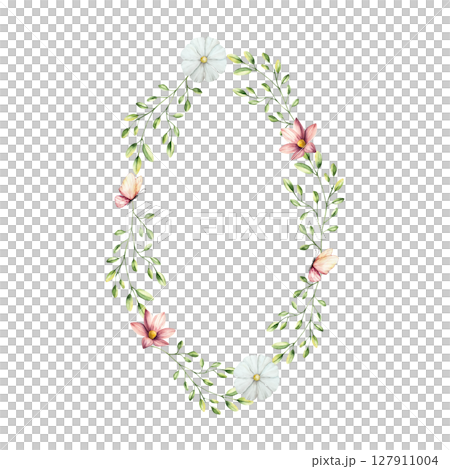 Spring flowers and branches with leaves, butterfly wreath, frame. Watercolor logo with gerbera, chamomile, echinacea. Hand drawn wildflower art isolated on background, transparent png. Botanical 127911004