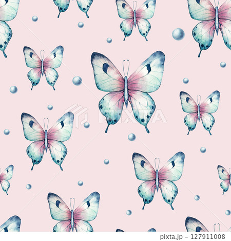 Seamless pattern with beautiful colorful butterflies. Watercolor hand drawn insect clipart isolated on background. Botanical and wedding illustration. Baby shower design elements. Party invitation Seamless pattern with beautiful colorful butterflies. Watercolor hand drawn insect clipart isolated on background. Botanical and wedding illustration. Baby shower design elements. Party invitation 127911008