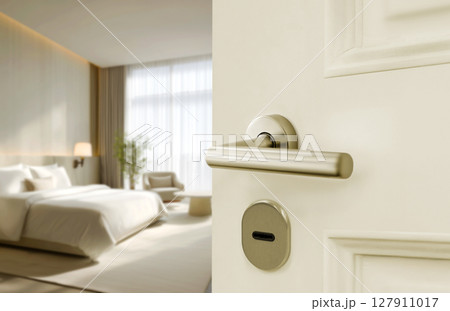 Opened White door of hotel room with blurred bedroom background Opened White door of hotel room with blurred bedroom background 127911017