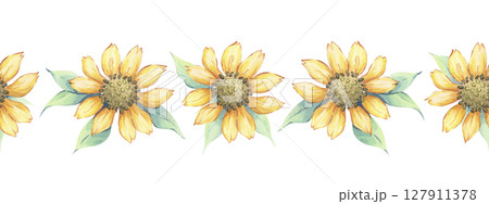 Watercolor sunflower seamless border. Hand-painted yellow flowers and lush green leaves. Botanical illustration. Perfect for summer designs, packaging, fabric prints, kitchen art Watercolor sunflower seamless border. Hand-painted yellow flowers and lush green leaves. Botanical illustration. Perfect for summer designs, packaging, fabric prints, kitchen art 127911378