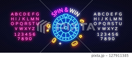 Neon sign spin and win with roulette wheel, flying coins and star symbols. Surrounded by glowing font sets for promotional casino design. Neon sign spin and win with roulette wheel, flying coins and star symbols. Surrounded by glowing font sets for promotional casino design. 127911385
