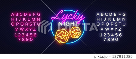 Neon composition with glowing text lycky night, dice icon and full alphabet set in pink and white. Casino-style letters with modern retro atmosphere on dark background. 127911389