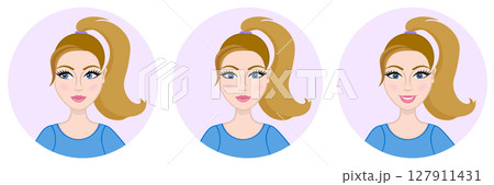 Avatar of a young girl. Woman looking sideways, smiling. Look away. Round icon. Cute face. Caucasian woman. Blue t-shirt. Ponytail hairstyle. Portrait of a teen 127911431