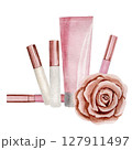 Lip gloss, lipstick, cream tube, gold rose, pink watercolor illustrations isolated on white background. Sublimation arrangement on a make up theme 127911497