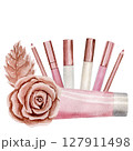 Lip gloss, lipstick, cream tube, gold rose, pink watercolor illustrations isolated on white background. Sublimation arrangement on a make up theme 127911498