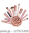 Lip gloss, lipstick, eyeliner, nail polish, lip liner, gold rose, watercolor illustration isolated on white background. Arrangement on a make up theme 127911499