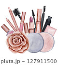 Lip gloss, lipstick, eyeliner, nail polish, lip liner, gold rose, watercolor illustration isolated on white background. Arrangement on a make up theme 127911500