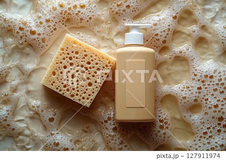Commercial use. Top view of sponge next to a light detergent bottle with blank labels on a background in beige colors. Sponge with cleaning agent with soap bubbles. Minimalist flat lay. 127911974