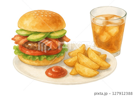 アボカドベーコンバーガーとポテトウェッジ&アイスティーのセット 水彩風切り抜き素材 アボカドベーコンバーガーとポテトウェッジ&アイスティーのセット 水彩風切り抜き素材 127912388