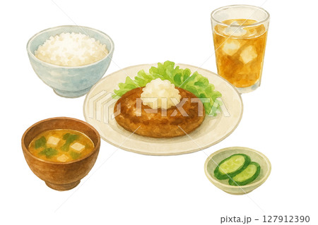 和風おろしハンバーグ定食とアイスティー 水彩風切り抜き素材 127912390