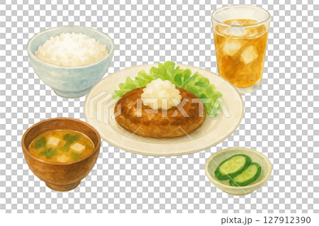 和風おろしハンバーグ定食とアイスティー 水彩風切り抜き素材 127912390